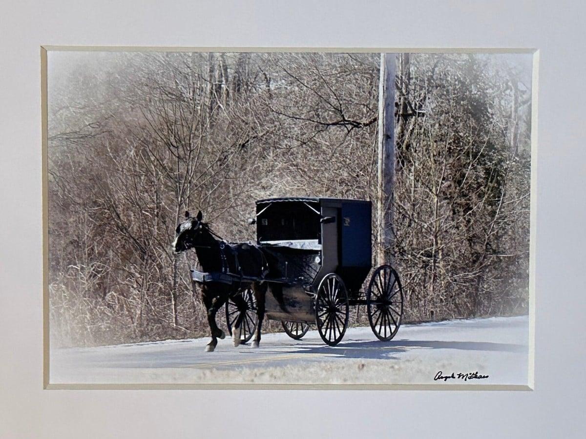 A signed horse-and-buggy photograph, matted for framing